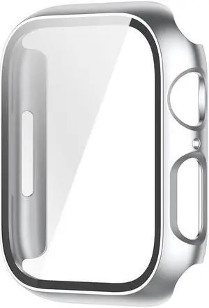 Smartwatch Case with Screen Protector for Ap-ple Watch 7th Generation 41/45mm Tempered Glass Film Full Screen Protector(43.7x37mm)(Silver)