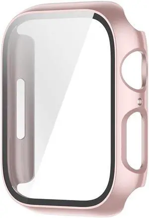 Smartwatch Case with Screen Protector for Ap-ple Watch 7th Generation 41/45mm Tempered Glass Film Full Screen Protector(48x40.6mm)(Rose Gold)