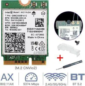 Tri Band 5374Mbps Wi-Fi 6E I-ntel AX211 Wifi Card M.2 CNVIo2 Bluetooth 5.2 Wireless Adapter I-ntel AX211NGW NGFF Network Card(I-ntel AX211NGW)