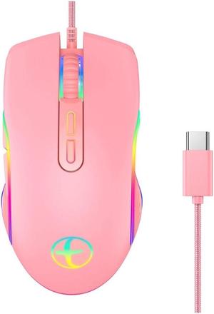 3200 DPI USB C Gaming Mouse Computer Wried Optical Mice for PC Gamer RGB 4 Backlight Breathing LED, Pink Type-C Model