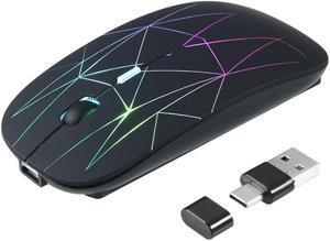 2.4G Wireless Mouse LED Rechargeable Slim Silent Mouse with USB and Type C 2 in 1 Receiver for Computers Laptops Black