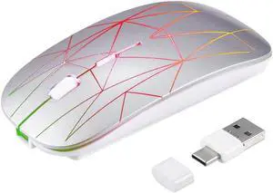 2.4G Wireless Mouse LED Rechargeable Slim Silent Mouse with USB and Type C 2 in 1 Receiver for Computers Laptops Silver