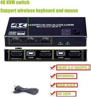 HDMI2.0 KVM Switch 2 Port 4K @ 60Hz USB Switch KVM Switcher Splitter Box for Sharing Printer Keyboard Mouse KVM Switch