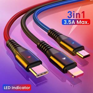 3in1 LED USB Charging Cable for iPhone 13 12 11 Pro 3in1 2in1 Micro USB Type C 8Pin Charger Cable for Huawei Xiaomi POCO X3 M3 Line length:1.2m Color:cream-coloured (Mix Color)