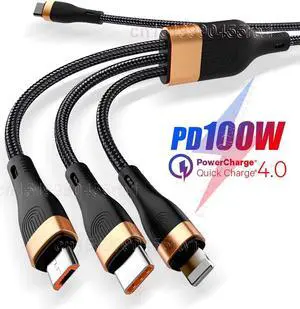 3 in 1 PD USB C Cable for iPhone 14 13 12 3in1 100W QC4.0 3.0 Fast Charging Micro USB Type C Cable for Macbook Samsung Xiaomi 1.5M (Gold 3in1)