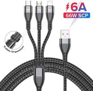 3in1 USB Cable 6A Fast Charging for Huawei Mate 40 Pro Quick Charge Micro USB Type C 3 in 1 2 in 1 USB Cable for iPhone 13 12 11 2M(Black)