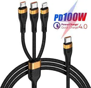 3 in 1 PD USB C Cable for iPhone 14 13 12 QC4.0/3.0 100W 5A Fast Charging Micro USB Type C Cable for Macbook Pro Samsung Xiaomi 1.5M (Gold 3in1)