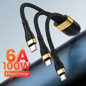 3 in 1 USB Cable 6A 100W Fast Charge for Huawei/Honor 3in1 2in1 Micro USB Type C Cable Charging Cable Cord For iPhone Samsung 1.2M(black)