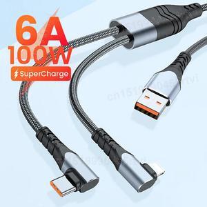 2in1 USB C Cable 6A 100W for Honor 50 Huawei P30 P40 Pro Quick Charge 2 in 1 USB Fast Charging Cable for iPhone 14 13 12 Pro Max 1.2M (Black 2in1)