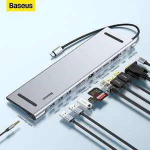 Baseus USB Type C HUB to 3.0 USB HDMI-compatible RJ45 USB HUB for MacBook Pro USB Splitter Multi 11 Ports Type C HUB USB-C HUB Color: Brown (10 in 1 USB C HUB)