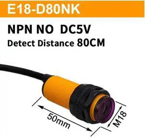 E18-D30NK Photoelectric Switch D50NK NPN NO DC5V Obstacle Avoidance Vehicle Sensor Infrared 3-80cm Adjustable Detection Range(E18-D80NK 5V)
