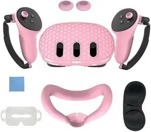 SOVAWIN Silicone Protective Cover Shell Case 7 IN 1 For Meta Quest 3 VR Headset Head Face Cover Eye Pad Handle Grip Button Cap Oculus VR Pink