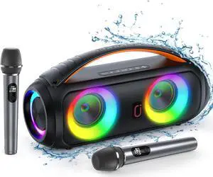 JYX Waterproof Bluetooth Speaker with Wireless Microphones, Portable Karaoke Speaker Singing Machine with RGB Light, Outdoor Party Speaker for Beach Pool, Support TF Card, AUX, U Disk