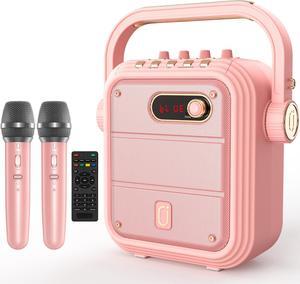 JYX Pink Karaoke Machine, Bluetooth Speaker with 2 Wireless Karaoke Microphones, Singing Machine Karaoke System with 8 Sound Effects, Vocal Cut, Remote Control