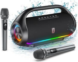 JYX D20-T Karaoke Machine, Waterproof Bluetooth Speaker with 2 Wireless Karaoke Microphones, Portable Singing Machine with RGB Light & Mic
