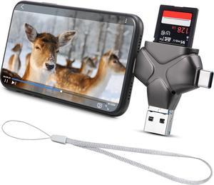 Trail Camera Viewer SD Card Reader for iPhone/iPad,4 IN 1 Trail Game Camera SD Card Reader for iPhone/iPad/USB C & Micro USB Android/Pcs,Hunting & Trail Camera Viwer Supports SD,Micro SD,Plug and Play