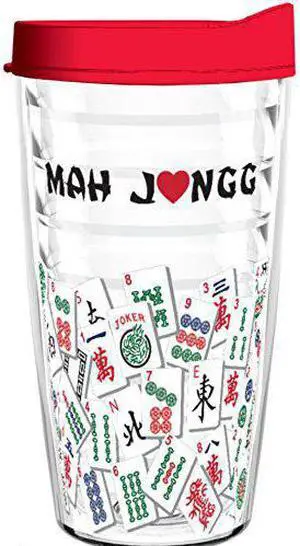 Tumbler 16 oz - Mah Jongg Tile Design Tritan USA Drinkware (Red Lid)