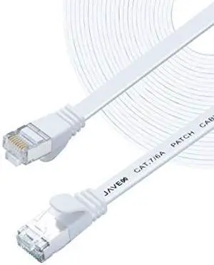 CAT 6A / CAT 7 Ethernet JAVEX Patch Cable Network Internet Cord RJ45 Standard 600MHz 10Gbps UL Listed S/STP Flat Snagless Shielded Jumper LAN for Modem Router Computer Switches 50 FT White