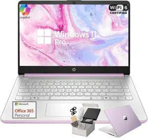 HP 14" Thin&Light Laptop Computer, Intel 2025 Quad-core CPU, Windows 11 Pro, AI-Powered 1-Y Office 365, Wi-Fi 6, Copilot, 16GB RAM, 128GB UFS + 256GB Micro SD Card