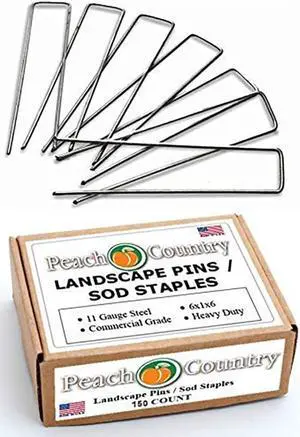 Peach Country Garden Galvanized Landscape Staples Stakes Fabric Anchor Pin. Sturdy Rust Resistant Gardening Supplies for Anchoring Landscaping. 6 Inch Strong Durable 11 Gauge Steel USA- 150 Count
