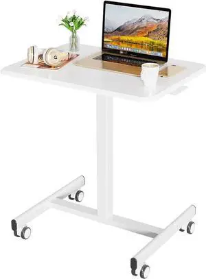 Small Mobile Laptop Desk with Wheels Portable Adjustable Height Rolling Standing Table for Home, Office and Classroom, 19'' x 28.5'', White