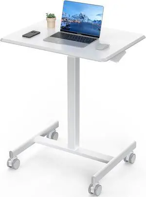 Adjustable Small Rolling Desk, White Mobile Standing Desk with Wheels Portable Workstation Rolling Computer Desk for Small Spaces