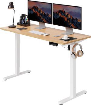 Electric Height Adjustable Standing Desk, 55 * 24 Inchs Stand Up Computer Desk, Sit Stand Work Desk for Home Office with Splice Board, (White Frame + Walnut Top)