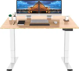 Pro Bamboo 3 Stages Dual Motor Electric Standing Desk 55x28 inch Whole-Piece Desk Board Height Adjustable Desk Electric Sit Stand Up Desk Modern Desk (White Frame + Bamboo Desktop)