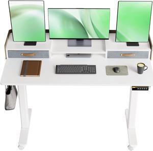 Standing Desk with Drawers, 48 Inch Standing Desk Adjustable Height, Adjustable Electric Stand Up Sit Stand Small Desk with Storage and Shelf, White