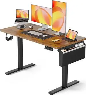 Standing Desk with Storage Pocket, 48 x 24 inch Height-Adjustable Standing Desk, Electric Standing Desk Workstation with Height Memory Presets for Home & Office, Vintage Brown