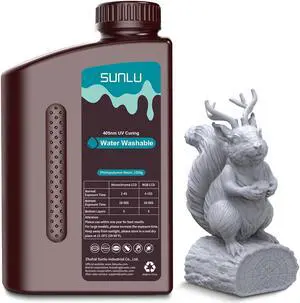 SUNLU Water Washable Resin 1000g, Fast Curing 3D Printer Resin for LCD DLP SLA Resin 3D Printers, 395 to 405nm UV Curing 3D Printing Liquid Photopolymer Resin, Low Shrinkage, High Precision, 1kg, Grey