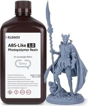 ELEGOO Upgraded ABS-Like 3D Printer Resin 3.0, 405nm UV-Curing LCD Resin High Precision Fast Curing Non-Brittle Photopolymer Resin for LCD Printing Grey 2KG