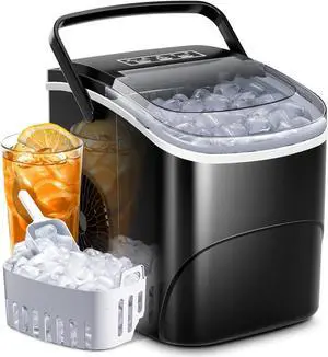 Ice Makers Countertop with Handle,26.5Lbs/24H,9 Cubes in 6 Mins,2 Sizes of Bullet Ice,Portable Ice Maker Machine with Self-Cleaning,Perfect for Home Kitchen(Black)