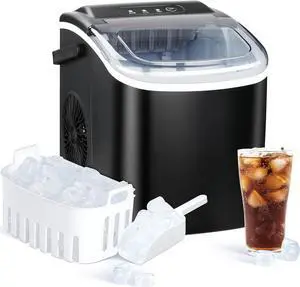 Ice Maker for Countertop, 9 Ice Cubes Ready in 6 Mins, 26lbs Ice/24Hrs, Self-Clean Ice Machine with Plastic Spoon and Basket, 13.7lbs, for Home Kitchen Bar Party, Black