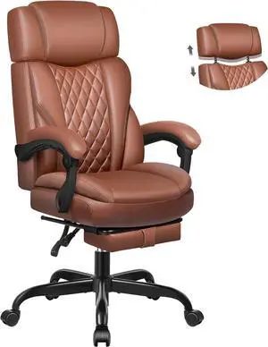 Executive Leather Office Chair, Big and Tall Office Chair with Footrest Home Office Desk Chairs, Ergonomic Computer Desk Chair with lumbar Support, Reclining Office Chair with Adjustable Angle