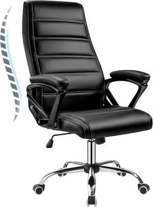 Office Chair, Ergonomic Computer Chair, High Back Executive Chair with Rocking Function, Highest End Class 4 Hydraulic Pneumatic Piston & Padded Armrests, PU Leather, Black