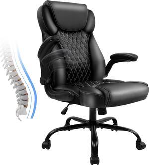 Office Chair, Executive Leather Chair Home Office Desk Chairs, Ergonomic Computer Desk Chair with Adjustable Flip-Up Arms, Lumbar Support Swivel Task Chair with Rocking Function (Black)