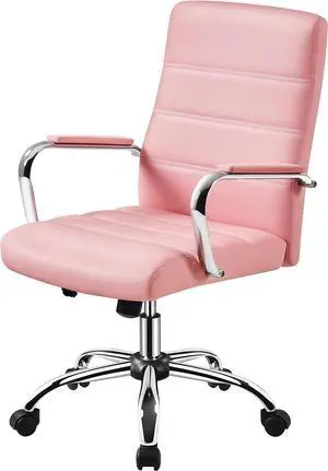 Yaheetech Mid-Back Office Chair with Arms 360 Swivel PU Leather Height Adjustable Office Executive Chair, Pink