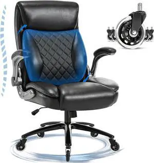Ergonomic Big and Tall Office Chair with 3D Lumbar Support for Back Pain Executive Desk Chair Flip-up Armrests, High Back, Thick Padded Strong Metal Base Quiet Wheels Home Office Desk Chairs