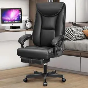 Ergonomic Office Chair, Big and Tall Executive Home Office Desk Chair, Shiny Leather Swivel Computer Chair with High Back, Wheels, Lumbar Support, FootrestBlack