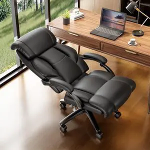 Ollgea Reclining Office Chair, High Back Executive Office Chair 400lbs, Leather Home Office Desk Chairs with Lumbar Support, Ergonomic Computer Comfy Desk Chair, Swivel Task Chairs with Wheels, Black