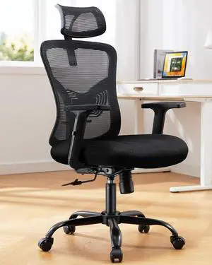HUANUO Ergonomic Office Chair, High Back Desk Chair with S-Shaped Backrest, Adjustable Lumbar Support, Headrest, Armrest, Mesh Computer Chair with Thicker Seat Cushion and Tilt Function, Black