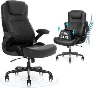 Executive Ergonomic Office Chair - Big and Tall Office Chair for Heavy People, PU Leather Computer Desk Chair with Flip-up Armrest, Comfortable Wide High Back PC Work Chair