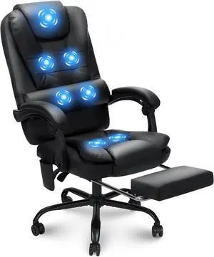 Executive Office Chair with Massage and Footrest Reclining Computer Chair with High Back Soft Leather Home Office Desk Chair Black