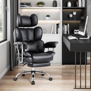 Big and Tall Leather Office Chair 400LBS, Large High Back Reclining Office Chair with Footrest&Lumbar, Lifting Headrest Ergonomic Desk Chair, Managerial Chair with Wide Seat & Armrests (Black)