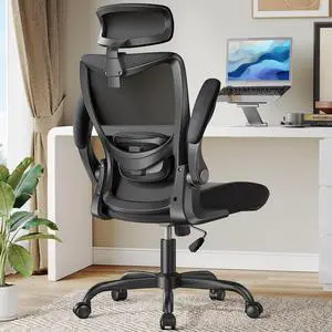 HUANUO Ergonomic Office Chair, High Back Desk Chair with Adjustable Lumbar Support & Headrest, Home Office Swivel Mesh Computer Chair Flip-Up Armrests, Executive Office Chair with Wheels