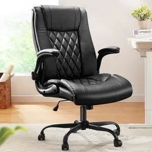 Marsail Executive Office Chair with Flip-up Armrests,PU Leather Ergonomic Desk Chair Height-Adjustable Swivel Rolling Computer Desk Chair,Black