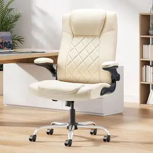 Executive Office Chair with Flip-Up Arms Adjustable Ergonomic Gaming Chair with PU Leather Swivel Computer Desk Chair with Wheels & Rocking Function (White)