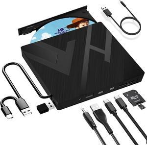 8 in 1 External CD/DVD Drive for Laptop USB 3.0 Type-C Portable CD/DVD +/-RW Burner Writer Player with SD/TF Card Slots Compatible for Desktop PC Mac OS MacBook Windows Linux