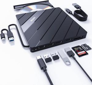 External DVD Driver USB C Portable CD/DVD +/-RW Drive/DVD Player with SD Card Reader USB 3.0 Hub USB C Power Port CD ROM Burner Compatible with Laptop Desktop PC Windows Linux OS Apple Mac